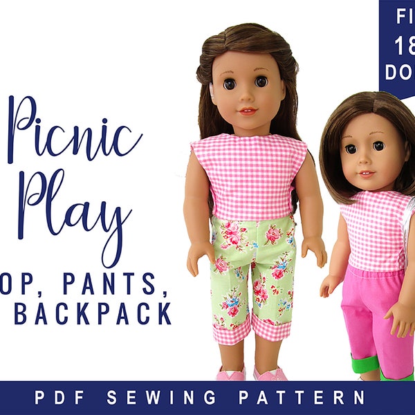 Doll Clothes Sewing Pattern for 18" doll clothes Picnic Play Bundle - Capri Pants, Top, with Backpack PDF digital sewing pattern OhSewKat