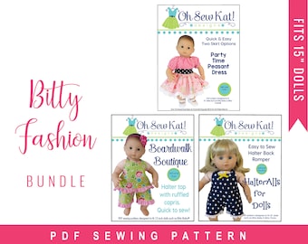 Patrón de ropa para muñecas de 15" como Bitty Baby Doll Clothes - Paquete en PDF de 3 patrones de costura fáciles de coser por OhSewKat