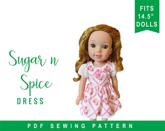 Wellie Wishers 14.5 inch Doll Clothes Sewing Pattern - Sugar n Spice Dress & Pinafore PDF Digital Sewing Pattern - Easy to Sew Doll dress