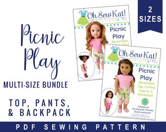 Doll Clothes Sewing Pattern for 14.5 & 18" doll clothes Picnic Play Bundle - Capri Pants, Top, with Backpack PDF digital sewing pattern