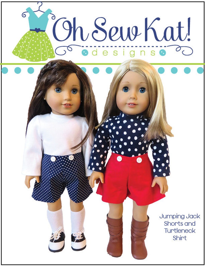 Reversible Pull on Jumper includes turtleneck Shirt Doll Clothes PDF Sewing Pattern Bundle to sew for 18 inch Dolls and Jumper Shorts