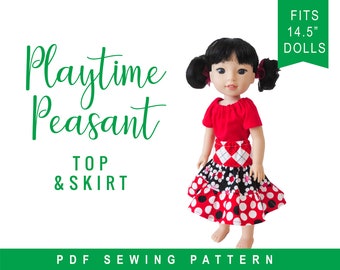 Wellie Wishers Doll Clothes Sewing Pattern fits 14.5" dolls like WellieWishers™ Playtime Peasant Top and Twirl Skirt PDF pattern Oh Sew Kat!