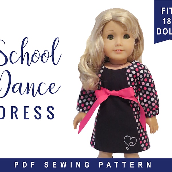PDF Sewing Pattern for Dolls like 18 inch American Girl ® Doll Clothes - Long Sleeve A-line Dress for dolls - School Dance Dress ePattern