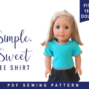 May include: PDF sewing pattern for a simple, sweet tee shirt for 18" dolls. The pattern includes instructions for making a turquoise tee shirt with black and white trim.