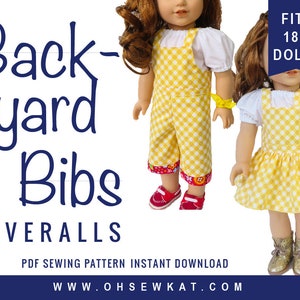 Peut inclure: Patron de couture PDF pour salopette de poupée de 46 cm. Le patron s'appelle "Backyard Bibs Overalls" et présente un imprimé vichy jaune et blanc. Le patron est disponible en téléchargement instantané.