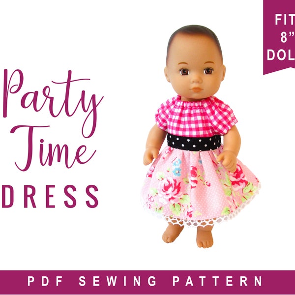 Caring for Baby Doll Clothes Sewing Pattern - fits 8" baby doll clothes - Party Time Dress Easy Sewing Pattern by OhSewKat, PDF download