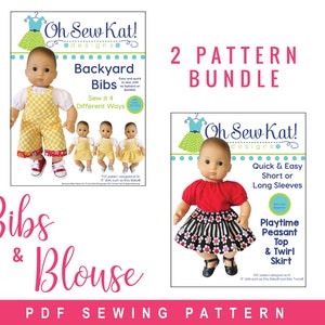 15 inch baby doll clothes pattern - overalls and peasant top & skirt bundle sewing pattern - PDF digital -  to make overalls, skirt, top