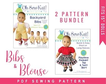15 inch baby doll clothes pattern - overalls and peasant top & skirt bundle sewing pattern - PDF digital -  to make overalls, skirt, top