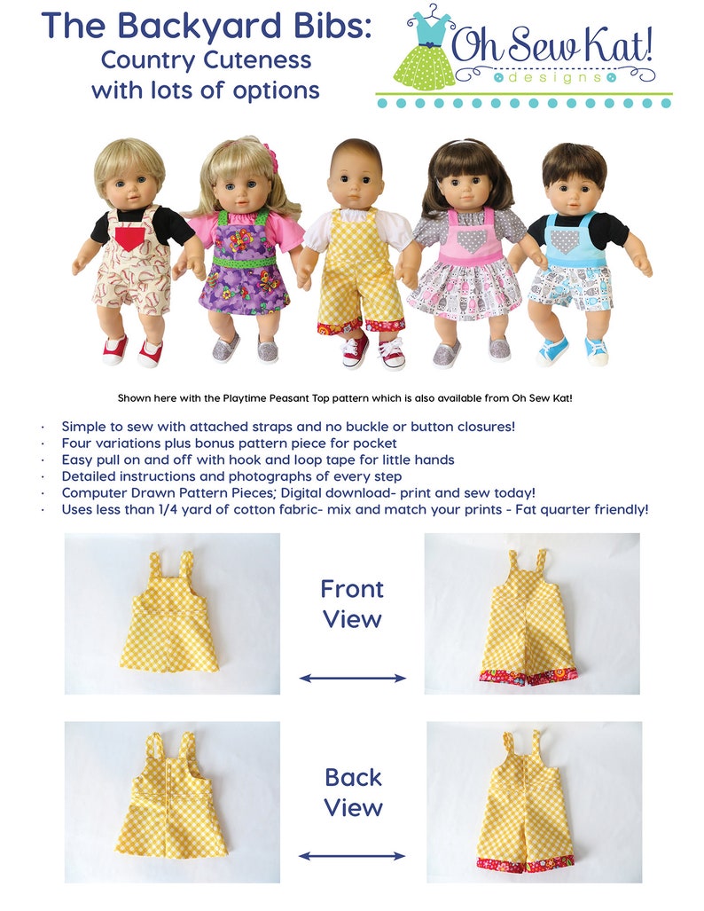 Baby Doll Clothes Sewing Pattern for 15 inch baby doll overalls sewing pattern Backyard Bibs Romper Shortalls Skirt PDF digital pattern image 7