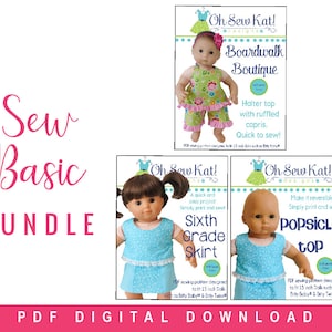 Könnte beinhalten: Ein Bündel mit drei Nähmustern für 38 cm Puppen. Die Muster sind für ein Halstuch mit gerafften Caprihosen, einen Rock der sechsten Klasse und ein umkehrbares Eis am Stiel Oberteil. Die Muster wurden von Oh Sew Kat! entworfen und sind als PDF-Download verfügbar.