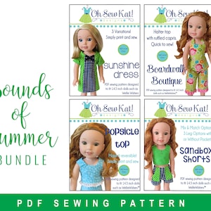 May include: A set of four PDF sewing patterns for 14.5 inch dolls. The patterns are titled "Sunshine Dress", "Boardwalk Boutique", "Popsicle Top", and "Sandbox Shorts". Each pattern features a colorful illustration of a doll wearing the garment.
