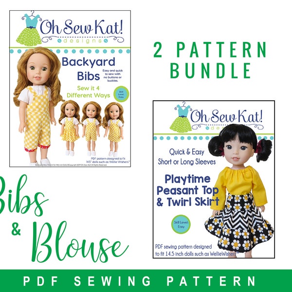 14 inch doll clothes sewing pattern - overalls and peasant top bundle sewing pattern - PDF digital - variations to make overalls, skirt, top