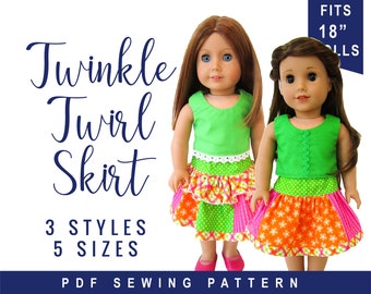 Doll Clothes Boutique Twirl Skirt Sewing PDF Pattern for 18 inch doll clothes, Easy patchwork skirt for Dolls, Digital pattern with 5 sizes