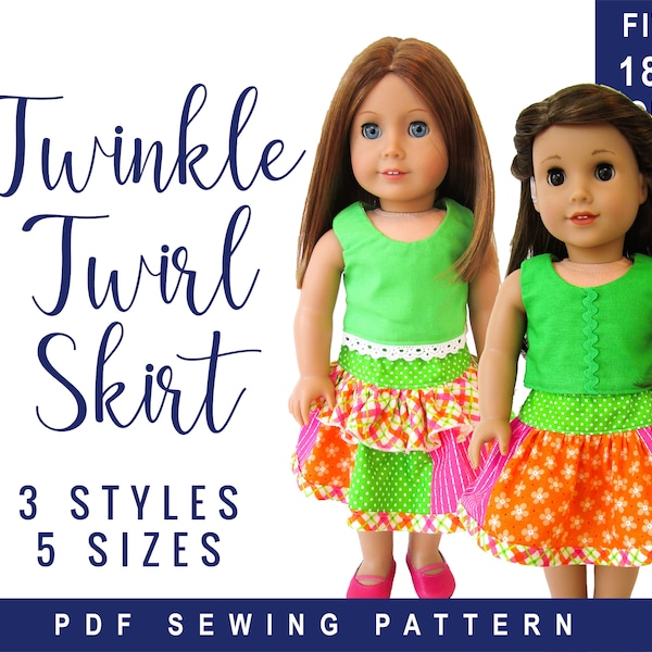 Doll Clothes Boutique Twirl Skirt Sewing PDF Pattern for 18 inch doll clothes, Easy patchwork skirt for Dolls, Digital pattern with 5 sizes