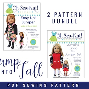 May include: Two PDF sewing patterns for 18-inch dolls. The first pattern is for an easy-up jumper with a floral print. The second pattern is for a 3-in-1 jumping jack set that includes a turtleneck shirt, flared shorts, and a reversible jumper that buttons to shorts. The patterns are from Oh Sew Kat! Designs.