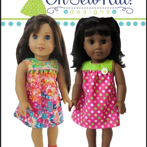 May include: Two dolls wearing summer dresses. The doll on the left is wearing a floral print dress with green trim. The doll on the right is wearing a pink and green polka dot dress with a green flower on the bodice. The dolls are standing on a white background. The text "Oh Sew Kat! designs" is at the top of the image. The text "Bloomer Buddies" is at the bottom of the image.
