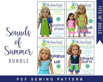 Doll Clothes Pattern PDF Bundle of 4 Sewing Patterns for 18 inch dolls like American Girl ® Easy to Sew Summer Doll Clothes by OhSewKat