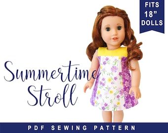 Doll Clothes Sewing Pattern for 18" doll clothes Summertime Stroll Colorblock Dress PDF digital sewing pattern  | 18 inch doll dress pattern