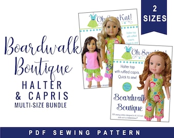 Digital Sewing Pattern for 18 inch doll like American Girl ® and 14.5 inch dolls, Boardwalk Boutique Halter Top Ruffle Capri Pants Bundle