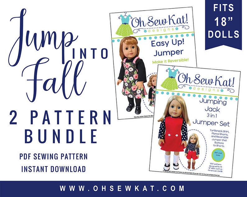Reversible Pull on Jumper includes turtleneck Shirt Doll Clothes PDF Sewing Pattern Bundle to sew for 18 inch Dolls and Jumper Shorts