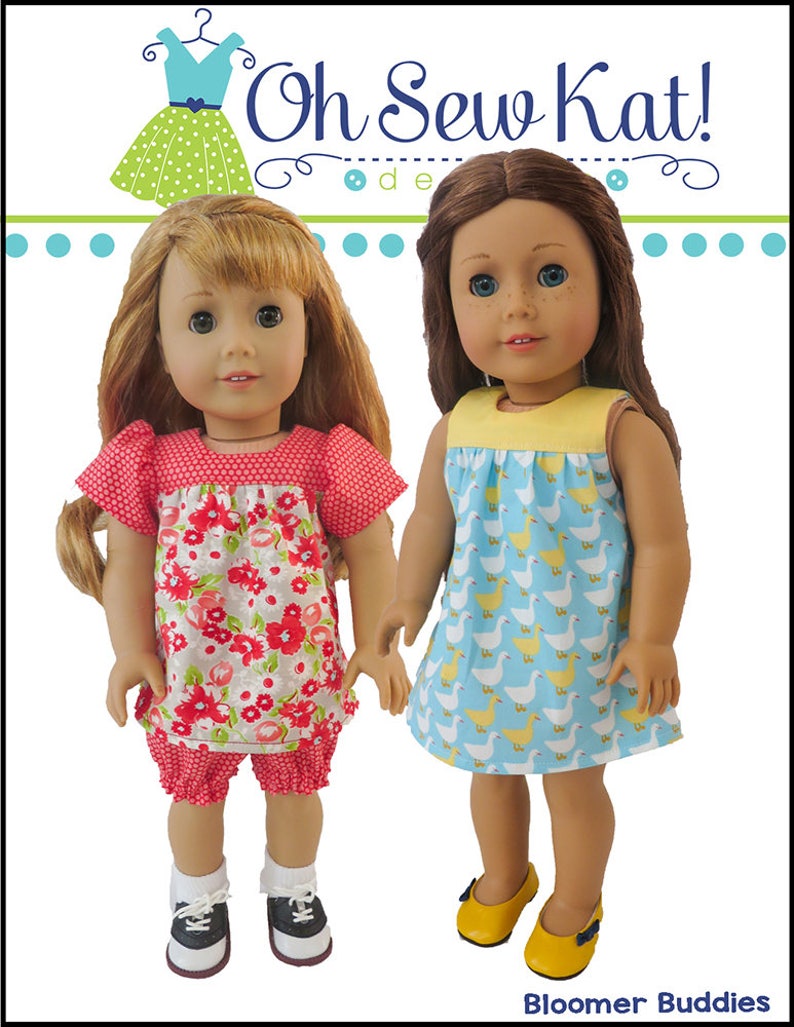May include: Two dolls wearing matching outfits. The doll on the left is wearing a red and white floral dress with red bloomers and black and white sneakers. The doll on the right is wearing a blue dress with a yellow yoke and white ducks printed on it. Both dolls are wearing yellow shoes. The text "Oh Sew Kat!" and "Bloomer Buddies" is visible in the image.