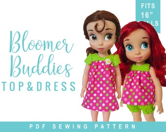 Animators Doll Clothes Sewing Pattern fits 16 inch dolls / Babyface Mae -Bloomer Buddies Yoke Top & Dress, Easy to Sew doll clothes OhSewKat