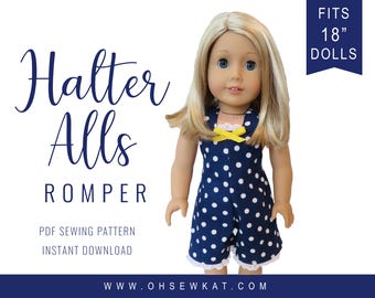 18" Doll Clothes Sewing Pattern, HalterAlls Romper for dolls Sewing Pattern by OhSewKat. 18 inch size doll easy pattern PDF digital pattern