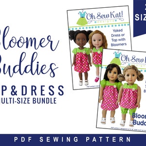 Può includere: Un cartamodello PDF per un vestito e una camicetta per bambole con pantaloncini. Il cartamodello si chiama "Bloomer Buddies" ed è stato progettato da "Oh Sew Kat!" Il cartamodello è disponibile in due taglie. L'immagine mostra due bambole che indossano il vestito e la camicetta con pantaloncini.