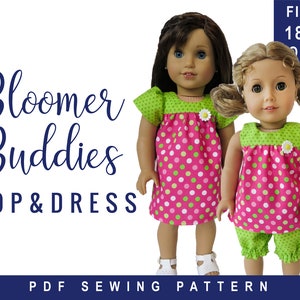 May include: A PDF sewing pattern for a pink and green polka dot dress and matching bloomers for 18 inch dolls. The pattern is called "Bloomer Buddies Top & Dress".