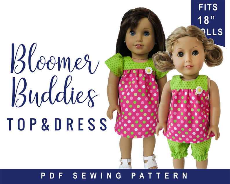 May include: A PDF sewing pattern for a pink and green polka dot dress and matching bloomers for 18 inch dolls. The pattern is called "Bloomer Buddies Top & Dress".