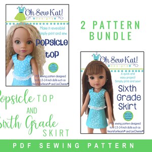 PDF Sewing Pattern Bundle for doll clothes to sew for 14 inch Hearts for Hearts Dolls ® , Epattern Popsicle Top & Sixth Grade Skirt