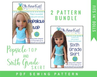PDF Sewing Pattern Bundle for doll clothes to sew for 14 inch Hearts for Hearts Dolls ® , Epattern Popsicle Top & Sixth Grade Skirt