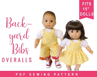 Baby Doll Clothes Sewing Pattern for 15 inch baby doll overalls sewing pattern - Backyard Bibs - Romper Shortalls Skirt PDF digital pattern