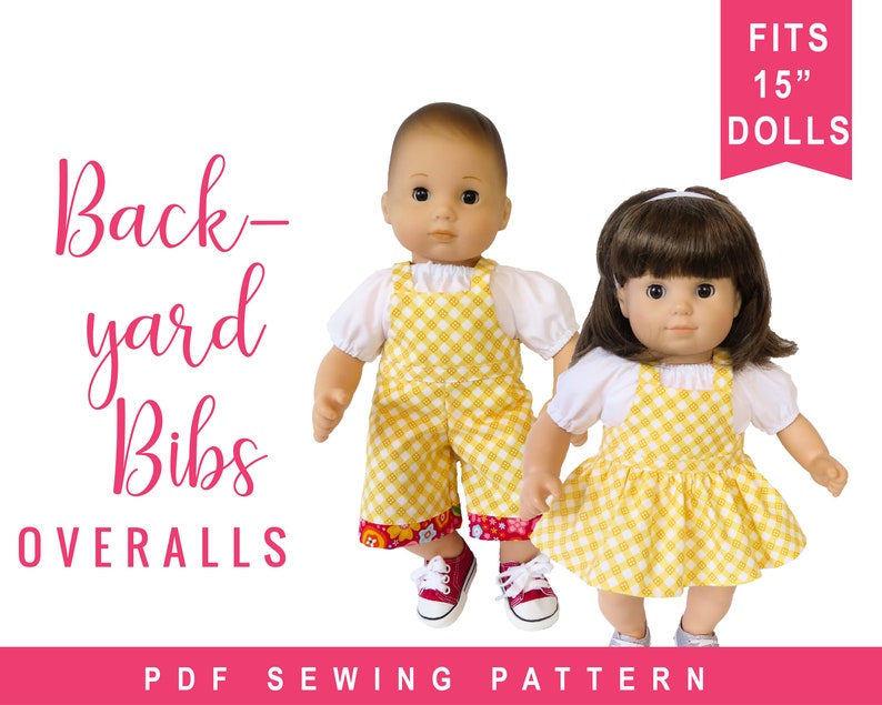 Baby Doll Clothes Sewing Pattern for 15 inch baby doll overalls sewing pattern Backyard Bibs Romper Shortalls Skirt PDF digital pattern image 1