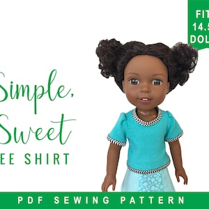 May include: A PDF sewing pattern for a simple, sweet tee shirt that fits 14.5 inch dolls. The pattern is shown on a doll wearing a turquoise tee shirt with black and white trim.