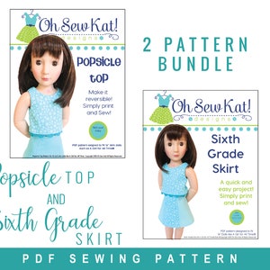 May include: Two PDF sewing patterns for 16 inch dolls. The first pattern is for a popsicle top and the second pattern is for a sixth grade skirt. Both patterns are from Oh Sew Kat! Designs.