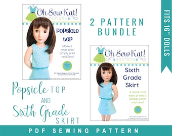 A Girl for All Time Doll Clothes Sewing Pattern Bundle: 16 inch slim Sixth Grade Skirt and Popsicle Top set of 2 PDF patterns by Oh Sew Kat!