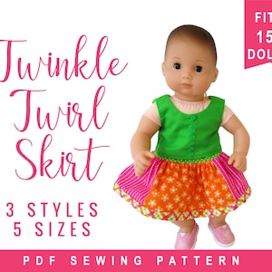 Peut inclure: Un patron de couture PDF pour une jupe de poupée appelée "Twinkle Twirl Skirt". Le patron est pour les poupées de 38 cm et comprend 3 styles et 5 tailles.