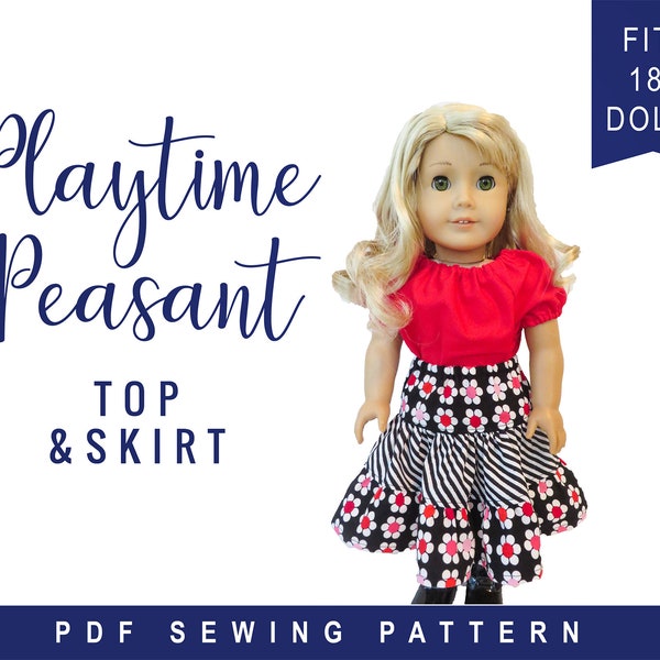 Doll Clothes pattern fits 18" dolls like American Girl -Playtime Peasant Top & Twirl Skirt, PDF pattern