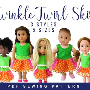 May include: PDF sewing pattern for a doll skirt with three different styles. The pattern includes instructions for making a skirt with a green top and a colorful, patterned skirt. The pattern is available in five sizes.