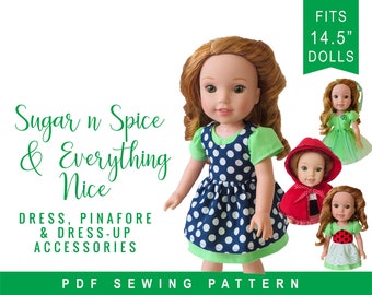 Wellie Wishers Doll Clothes Sewing Pattern fits dolls like WellieWishers™ Princess Dress Up Bundle - Sugar n spice dress & accessory pattern