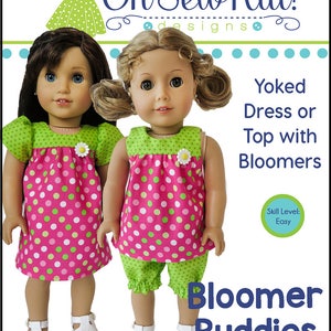 May include: A PDF pattern for making a yoked dress or top with bloomers for 18-inch dolls. The pattern is designed for easy sewing and features a pink and green polka dot fabric. The text "Oh Sew Kat! designs" and "Bloomer Buddies" is visible in the image.