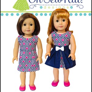 May include: Two dolls wearing different variations of the "Sunshine Dress" pattern. The dress on the left is a sleeveless, geometric print dress in pink, white, and navy blue. The dress on the right is a navy blue dress with a white bow and a geometric print lining. The text "the Sunshine Dress" and "Variation Tutorials at www.ohsewkat.com" is at the bottom of the image.