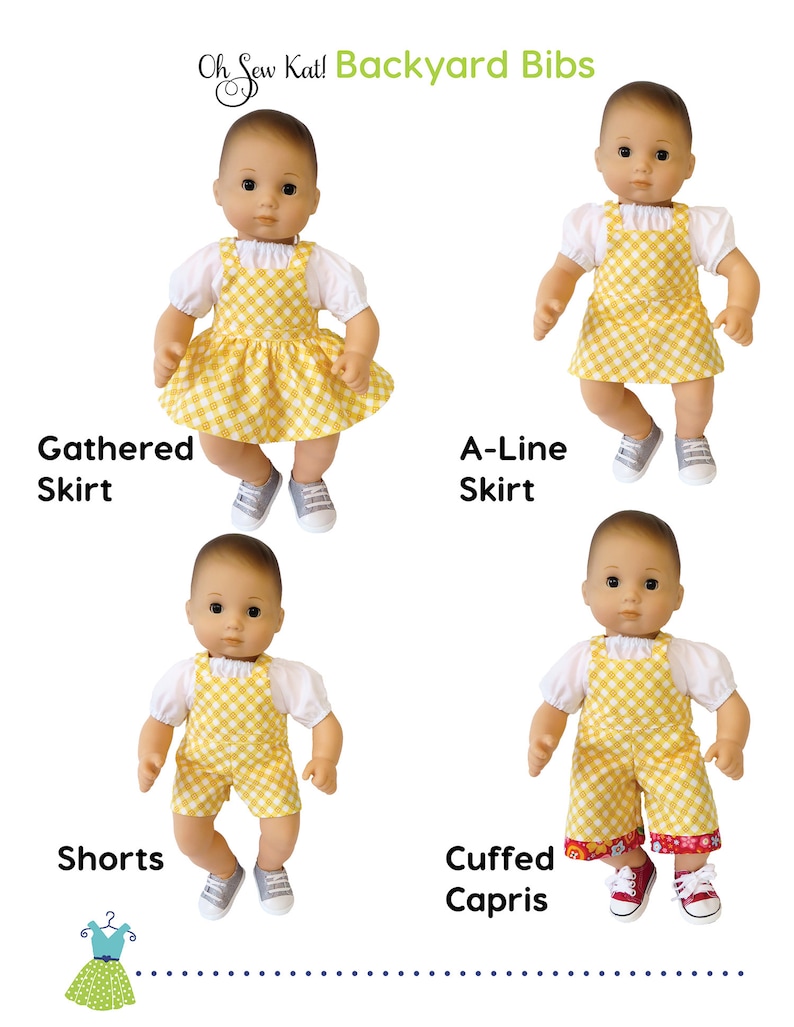 Baby Doll Clothes Sewing Pattern for 15 inch baby doll overalls sewing pattern Backyard Bibs Romper Shortalls Skirt PDF digital pattern image 3