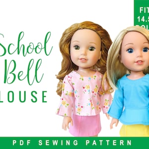 May include: PDF sewing pattern for a doll blouse called "School Bell Blouse". The pattern is designed to fit 14.5 inch dolls. The image shows two dolls wearing the blouse in different colors: pink with floral print and light blue.