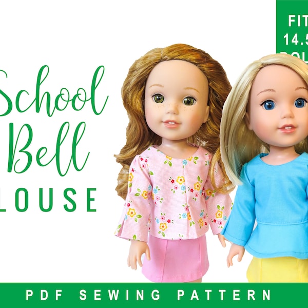 Wellie Wishers Doll Clothes Sewing Pattern fits 14.5 inch dolls, Make a School Bell Blouse - Long Sleeve Blouse sewing pattern printable PDF