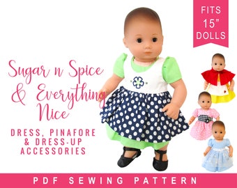 Doll Clothes Sewing Pattern for 15 inch baby doll clothes Princess Costume Dress Up Bundle Sugar n spice dress accessory pattern PDF digital