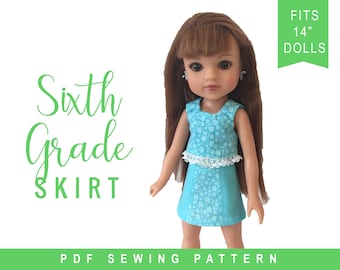 Patrón de costura de ropa de muñeca PDF para ropa de muñeca Hearts for Hearts ® y Les Cheries de 14 pulgadas - Falda de sexto grado - Patrón de costura ePattern