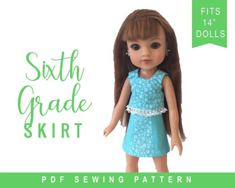 PDF Doll Clothes Sewing Pattern for 14 inch Hearts for Hearts ® and Les Cheries Doll Clothes Sixth Grade Skirt Sewing Pattern ePattern image 1