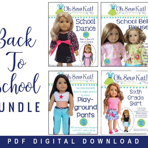 Doll Clothes PDF 4 Sewing Pattern Bundle for 18 inch American Girl ® Doll Clothes - 4 patterns, easy to sew Fall Back to School Fashions